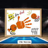 Printable basketball handprint craft for dad featuring a slam dunk theme with hoop, basketball character, and space for child’s handprint. Perfect DIY Father’s Day or birthday gift from kids.