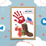 Printable Father’s Day handprint craft featuring a brown military boot with a U.S. flag and red poppies. Above it reads “Tiny Hands, Big Love for My Hero Dad.” Includes space for adding a child’s name. Perfect keepsake gift from kids to a military dad, ideal for toddlers and preschoolers.