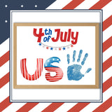 Printable 4th of July handprint craft for kids featuring bold red and white “USA” letters with stars and stripes and a blue handprint at the top. Perfect July 4th activity for toddlers, preschoolers, and kindergartners. Fun patriotic keepsake to celebrate American Independence Day with a personal touch. Ideal classroom or at-home DIY holiday art project using kids’ painted hands in red, white, and blue.