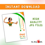 Indian Independence Day printable craft for kids featuring a Bharatanatyam dancer and a space to add a handprint in orange. Available in English and Hindi with tricolor decorations for patriotic classroom or home celebrations.
