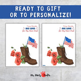 Printable Father’s Day handprint craft featuring a brown military boot with a U.S. flag and red poppies. Above it reads “Tiny Hands, Big Love for My Hero Dad.” Includes space for adding a child’s name. Perfect keepsake gift from kids to a military dad, ideal for toddlers and preschoolers.