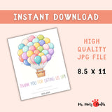 Personalized ‘Thank You for Lifting Us Up!’ teacher appreciation craft featuring a hot air balloon with student names on colorful balloons. Ideal for end-of-year gifts and Teacher Appreciation Week
