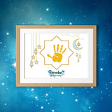 Printable Ramadan Handprint Art Craft with stars and moon, serving as creative Islamic Crafts for Kids or a special Ramadan Gift from Kids to beautify any Ramadan Decor.
