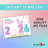 Colorful Easter 2026 printable craft for kids with numbers, a bunny-shaped 2 with ears and paws, and a yellow baby chick made from a child’s handprint forming the zero. Designed for preschool, kindergarten, and homeschool Easter activities. Perfect for classroom art walls or holiday keepsakes.