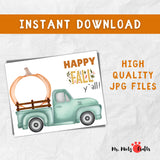 Children’s Fall Handprint Pumpkin Truck Craft with ‘Happy Fall Y’all!’ and a vintage truck carrying a handprint pumpkin.