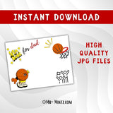 Printable basketball handprint craft for dad featuring a slam dunk theme with hoop, basketball character, and space for child’s handprint. Perfect DIY Father’s Day or birthday gift from kids.