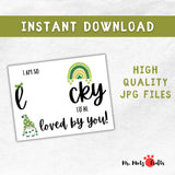 Printable St. Patrick’s Day handprint craft with ‘Lucky to Be Loved’ text. A cute keepsake featuring a rainbow, shamrocks, and a festive gnome.