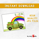 Printable St. Patrick’s Day handprint craft featuring a green vintage truck, rainbow, and shamrocks. Fun preschool art activity for kids.