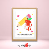 First Day of School handprint craft with a red apple and yellow pencil design, ideal for back-to-school activities and keepsakes for kids