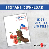 Printable Father’s Day handprint craft featuring a brown military boot with a U.S. flag and red poppies. Above it reads “Tiny Hands, Big Love for My Hero Dad.” Includes space for adding a child’s name. Perfect keepsake gift from kids to a military dad, ideal for toddlers and preschoolers.
