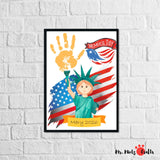 Memorial Day handprint craft featuring a girl dressed as the Statue of Liberty holding a torch with a painted handprint flame.