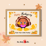 Thanksgiving footprint craft for kids featuring a cute turkey, autumn leaves, and a ‘Happy Thanksgiving’ message, perfect for a holiday keepsake and preschool or kindergarten activity.
