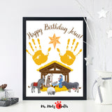Nativity handprint craft for kids with ‘Happy Birthday Jesus’ message, featuring a manger scene with Mary, Joseph, Baby Jesus, and animals, perfect for Christmas keepsakes and Sunday school activities.