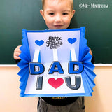 Printable Father’s Day pop-up card featuring the word “DAD” in bold letters with “I ❤️ U” below and “Happy Father’s Day” above. Accordion-fold red border completes the 3D card. Fun DIY project for kids to make a personalized gift for Dad.
