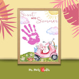 Printable “Scoot Into Summer” handprint craft for preschool and kindergarten. Features a pink scooter with a basket of flowers, a bright sun, and a space to add a child’s handprint. Ideal for summer crafts, end-of-year activities, and preschool keepsakes.
