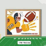 Football handprint craft printable gift for dad, ideal for Father’s Day or birthday. Features a football player, a large football, and space for a child’s painted handprint to complete the design. Fun keepsake for kids to make and gift.