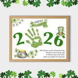 St. Patrick’s Day handprint craft featuring green 2026 numbers, a cute leprechaun hat, shamrocks, a pot of gold, and a sweet holiday poem for kids.
