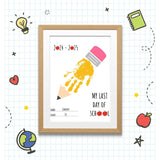 A printable “My Last Day of School” sign featuring a yellow handprint forming a pencil shape, editable name and grade fields, and playful text for end-of-year classroom celebrations or keepsakes.