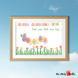 Fingerprint Handprint Mothers Day Art Craft for Mom and Grandma featuring a Spring Bug theme. This printable keepsake offers a unique and charming way for kids to create a personalized Mothers Day card with their own handprints.