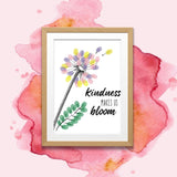 Printable dandelion craft for kids with the phrase “Kindness Makes Us Bloom.” Children add colorful fingerprints to complete the flower, perfect for preschool and kindergarten kindness projects.