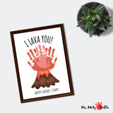Father’s Day handprint art craft featuring a volcano with a handprint explosion, perfect for kids to create a personalized gift for dad. Includes two versions: “I Lava You” and “We Lava You” for individual or multiple children.