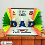 Printable pop-up card for Dad with a 3D “DAD” cutout, Route 66 signs, and “You Drive My Heart Home” quote. Great Father’s Day or birthday gift for truck driver dads from preschool or kindergarten kids.
