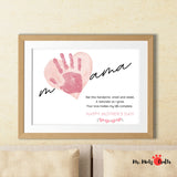 Mothers Day card with a childs handprint on a heart, personalized with the name Mama. Includes a poem: 'See this handprint, small and sweet, a reminder as I grow, your love makes my life complete. Happy Mothers Day!