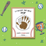 Printable Father’s Day handprint craft featuring a brown child’s handprint stamped inside a baseball glove with the phrase “I Caught the Best Pop.” Perfect for preschool or kindergarten kids to create a keepsake card for dad.