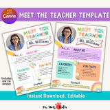 Editable “Meet the Teacher” template for back to school – features colorful design with space for name, photo, favorites, and fun facts. Great for teachers in preschool and elementary school to introduce themselves to students and parents.