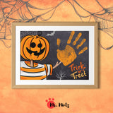 Halloween craft featuring a pumpkin-headed figure and orange handprint on a chalkboard background with “Trick or Treat” text