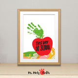 Handprint craft for back-to-school, showing a red apple with a green handprint leaf and the phrase ‘First Day of School’.