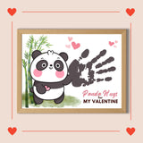 Valentine’s Day panda handprint craft featuring a cute panda holding a heart, with a child’s handprint incorporated into the design. Ideal for kids’ creative activities at home or school.