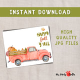 Children’s Fall Handprint Pumpkin Truck Craft with ‘Happy Fall Y’all’ and a vintage red truck filled with pumpkins.