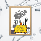 Father’s Day printable with tools and gray handprint forming a hammer, captioned “My Dad Can Fix Anything.”