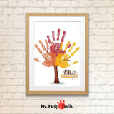 Children’s Fall Handprint Tree Craft with ‘Fall is Coming!’ phrase, featuring colorful handprint leaves.