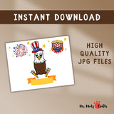 Memorial Day printable craft featuring a cartoon eagle wearing a patriotic hat with handprint wings and a customizable name banner.