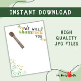 Printable St. Patrick’s Day handprint craft with a green guitar design and shamrocks. Fun kids’ art activity for preschoolers and classrooms.