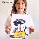 Father’s Day printable with tools and gray handprint forming a hammer, captioned “My Dad Can Fix Anything.”