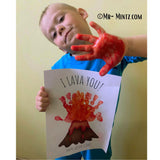 Father’s Day handprint art craft featuring a volcano with a handprint explosion, perfect for kids to create a personalized gift for dad. Includes two versions: “I Lava You” and “We Lava You” for individual or multiple children.