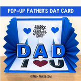 Printable Father’s Day pop-up card featuring the word “DAD” in bold letters with “I ❤️ U” below and “Happy Father’s Day” above. Accordion-fold red border completes the 3D card. Fun DIY project for kids to make a personalized gift for Dad.