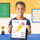 A printable “My Last Day of School” sign featuring a yellow handprint forming a pencil shape, editable name and grade fields, and playful text for end-of-year classroom celebrations or keepsakes.