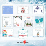 Winter handprint and footprint craft bundle featuring 9 designs, including snowmen, penguins, mittens, and festive winter trees, ideal for kids’ holiday art projects.