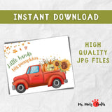 Fall Handprint Pumpkin Truck Craft for kids featuring a red truck, pumpkins, and handprints with the phrase ‘Little Hands, Big Pumpkins.