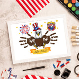 Memorial Day printable craft featuring a cartoon eagle wearing a patriotic hat with handprint wings and a customizable name banner.
