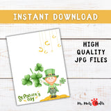 Printable St. Patrick’s Day handprint craft with a green leprechaun, clovers, and gold coins. Fun DIY project for preschool and kindergarten kids.
