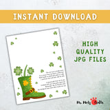 Printable St. Patrick’s Day handprint craft featuring a green Irish boot, a lucky shamrock handprint, and a sentimental poem. A fun and festive kids’ activity.