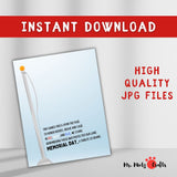 Memorial Day printable with red handprint forming flag stripes and blue palm with white stars, featuring a tribute poem for kids’ patriotic art activity.