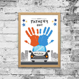 Police-themed Father’s Day handprint craft with red and blue handprints above a cartoon police car and city skyline.