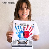 Police-themed Father’s Day handprint craft with red and blue handprints above a cartoon police car and city skyline.