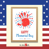 Printable Memorial Day craft with a red handprint forming a fireworks shape, surrounded by blue and red stars, ideal for preschool patriotic art activities.